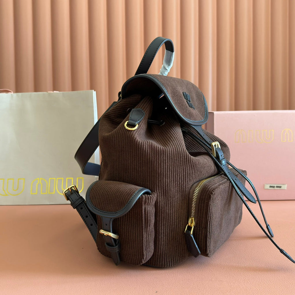 MIU MIU MIUMIU 26S MEDIUM BACKPACK 29 IN CHOCOLATE BROWN CANVAS BLACK CALFSKIN