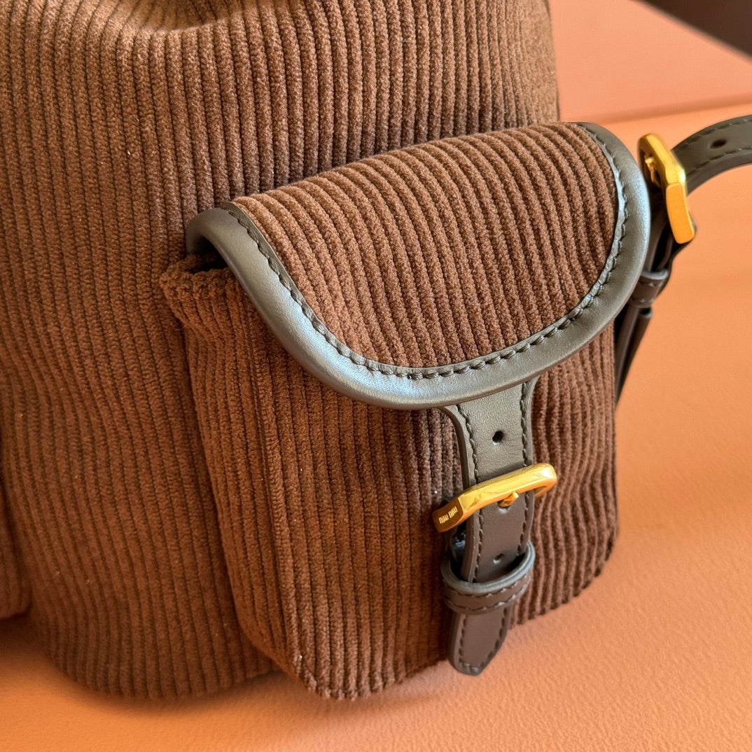 MIU MIU MIUMIU 26S MEDIUM BACKPACK 29 IN CHOCOLATE BROWN CANVAS BLACK CALFSKIN