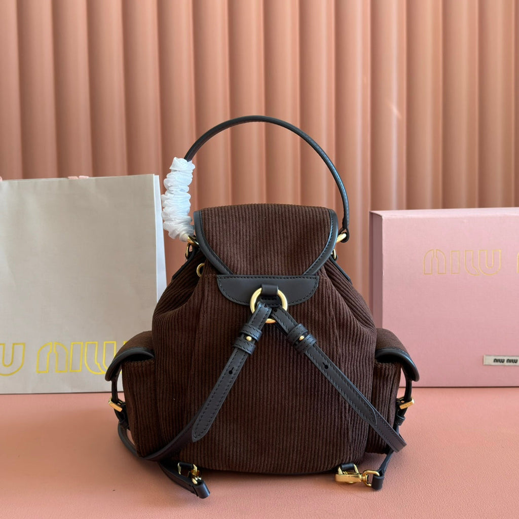 MIU MIU MIUMIU 26S BACKPACK 22 IN CHOCOLATE BROWN CANVAS BLACK CALFSKIN