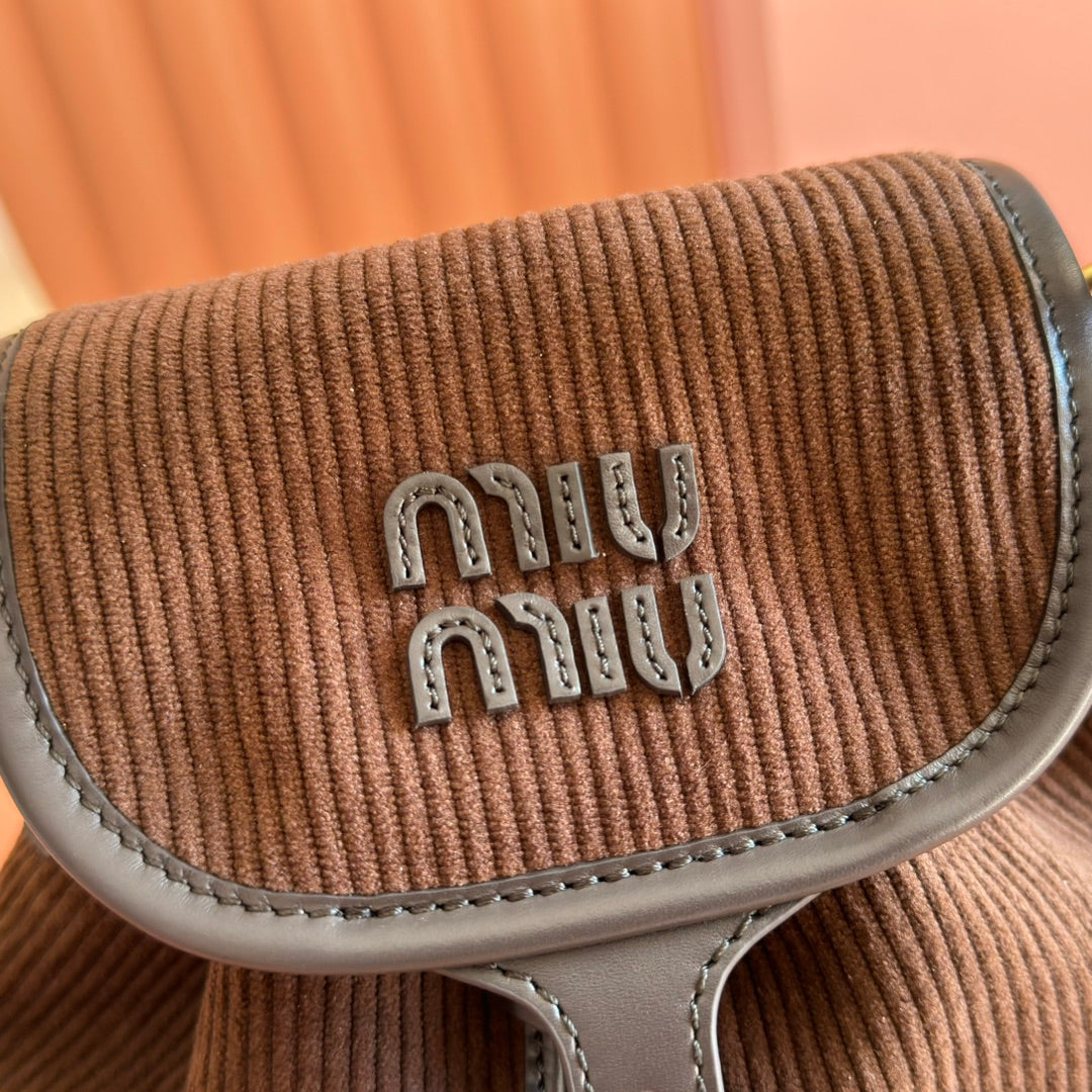 MIU MIU MIUMIU 26S BACKPACK 22 IN CHOCOLATE BROWN CANVAS BLACK CALFSKIN