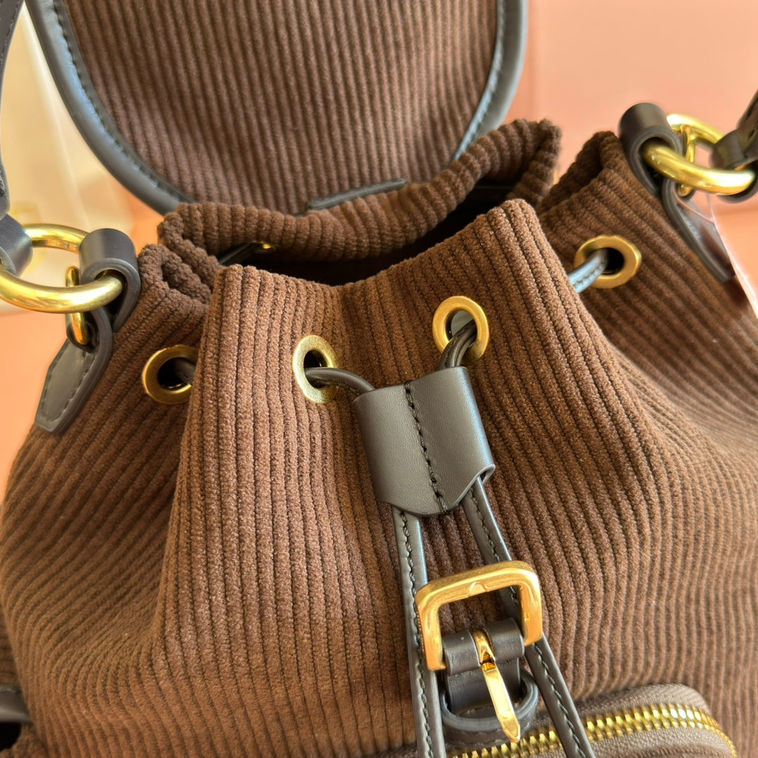 MIU MIU MIUMIU 26S BACKPACK 22 IN CHOCOLATE BROWN CANVAS BLACK CALFSKIN