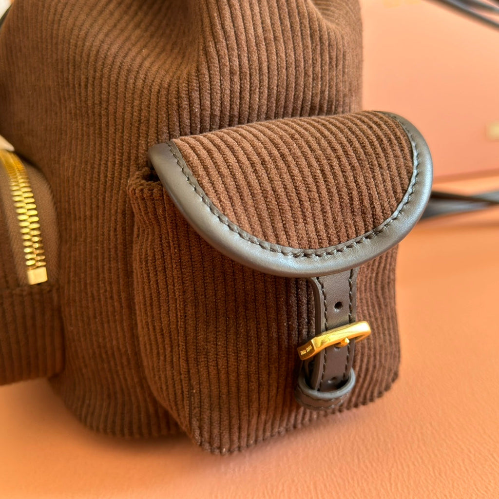 MIU MIU MIUMIU 26S BACKPACK 22 IN CHOCOLATE BROWN CANVAS BLACK CALFSKIN