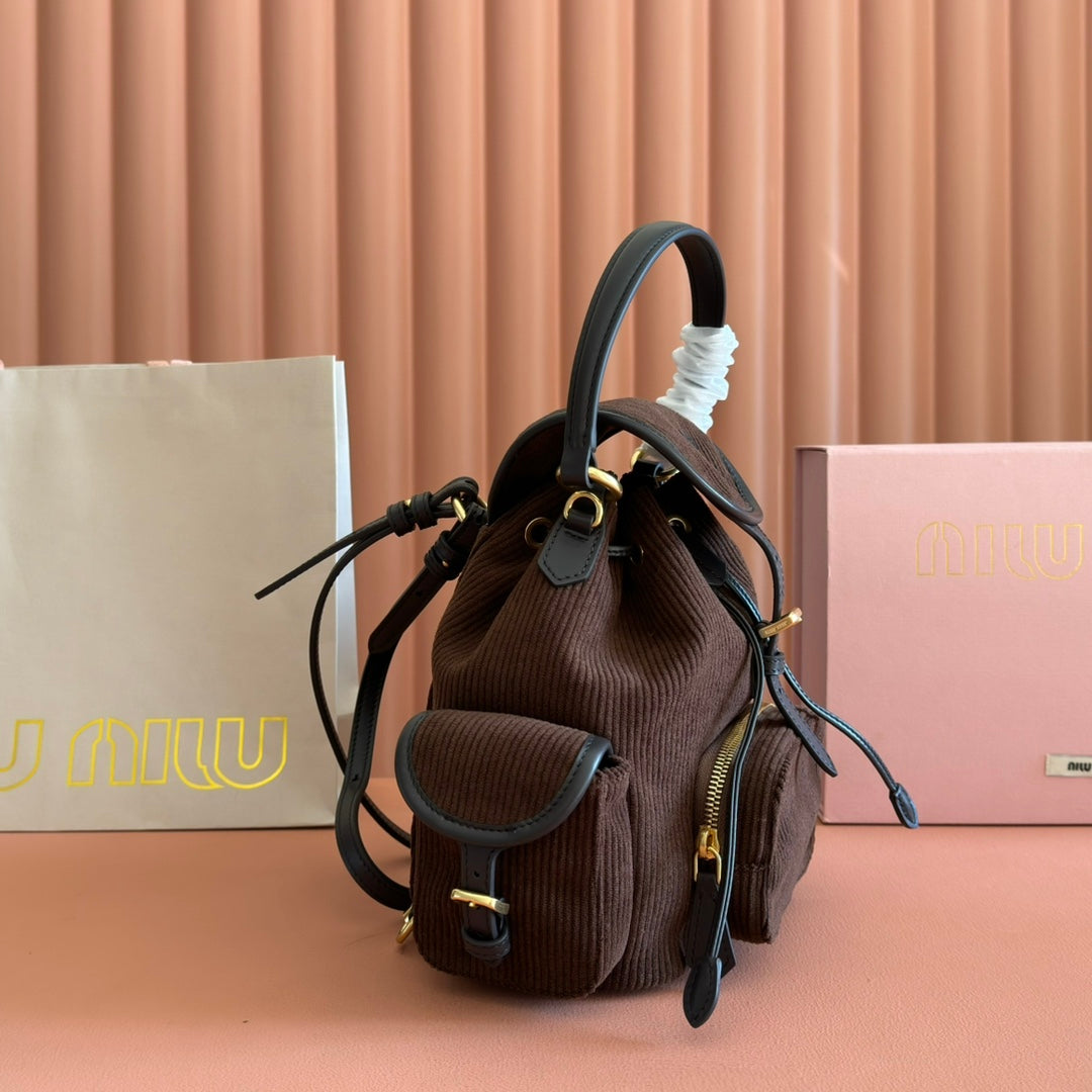 MIU MIU MIUMIU 26S BACKPACK 22 IN CHOCOLATE BROWN CANVAS BLACK CALFSKIN