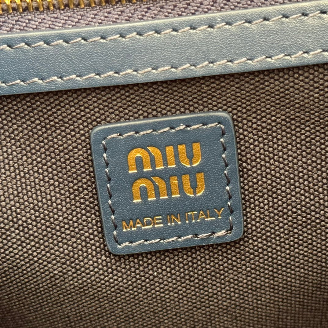 MIU MIU MIUMIU 26S MEDIUM BACKPACK 29 IN DARK BLUE CANVAS BLUE CALFSKIN