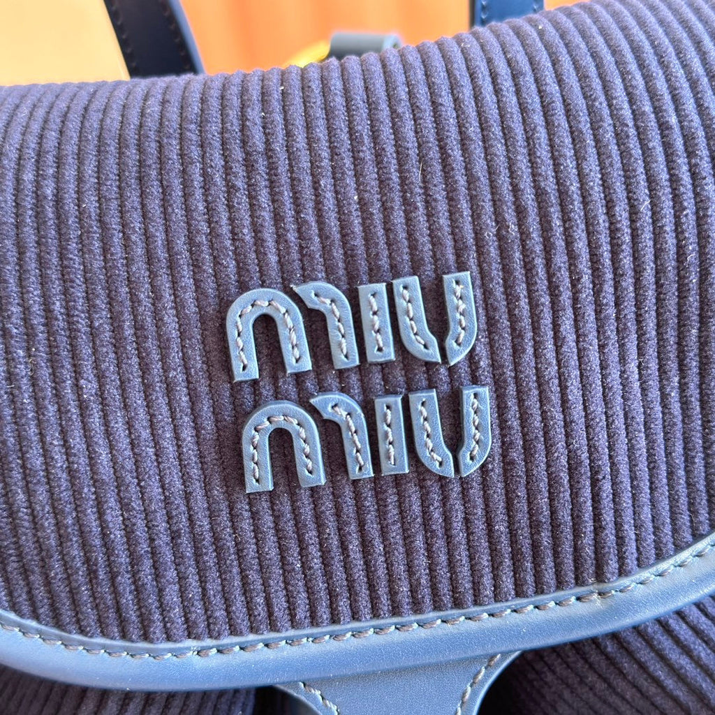 MIU MIU MIUMIU 26S MEDIUM BACKPACK 29 IN DARK BLUE CANVAS BLUE CALFSKIN