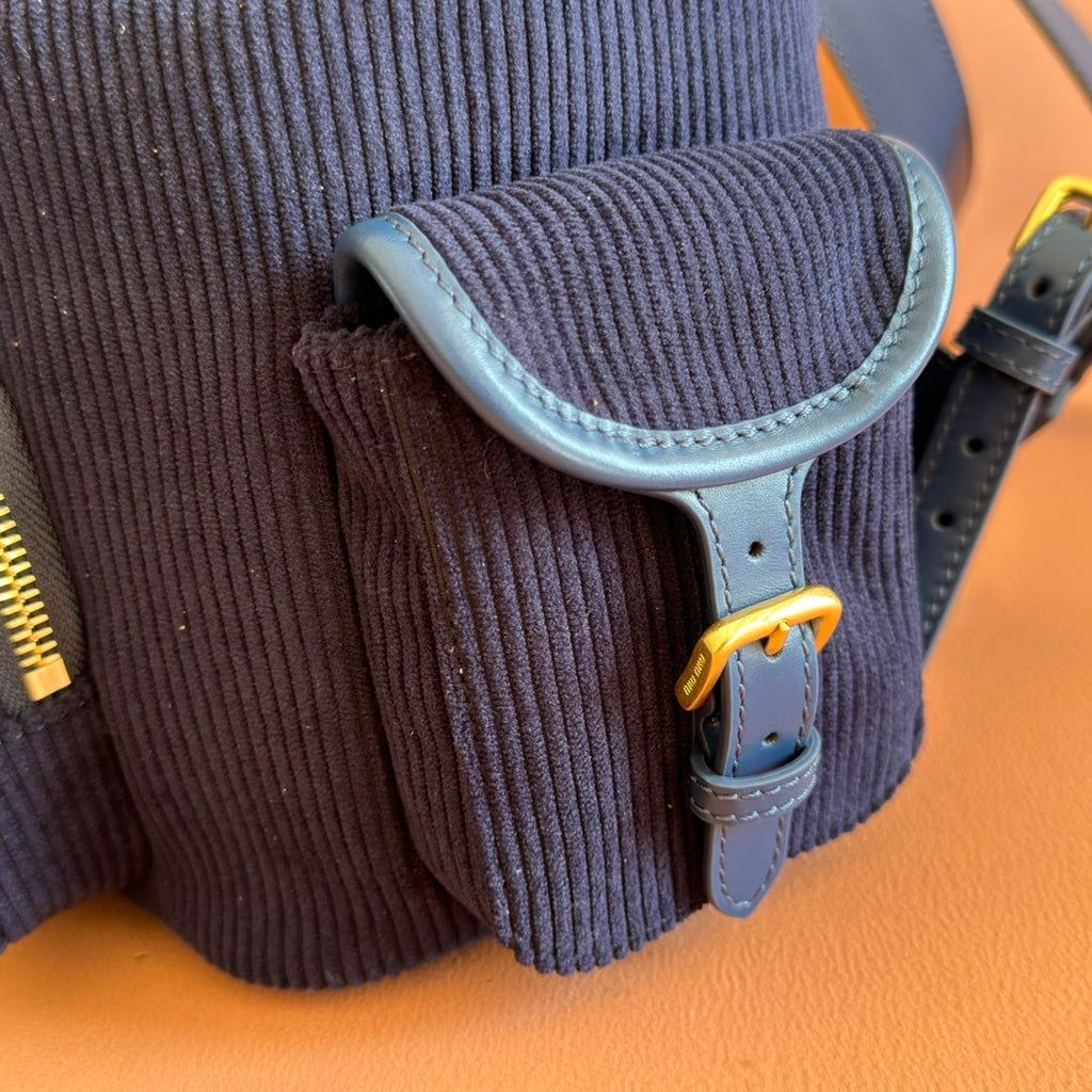 MIU MIU MIUMIU 26S MEDIUM BACKPACK 29 IN DARK BLUE CANVAS BLUE CALFSKIN