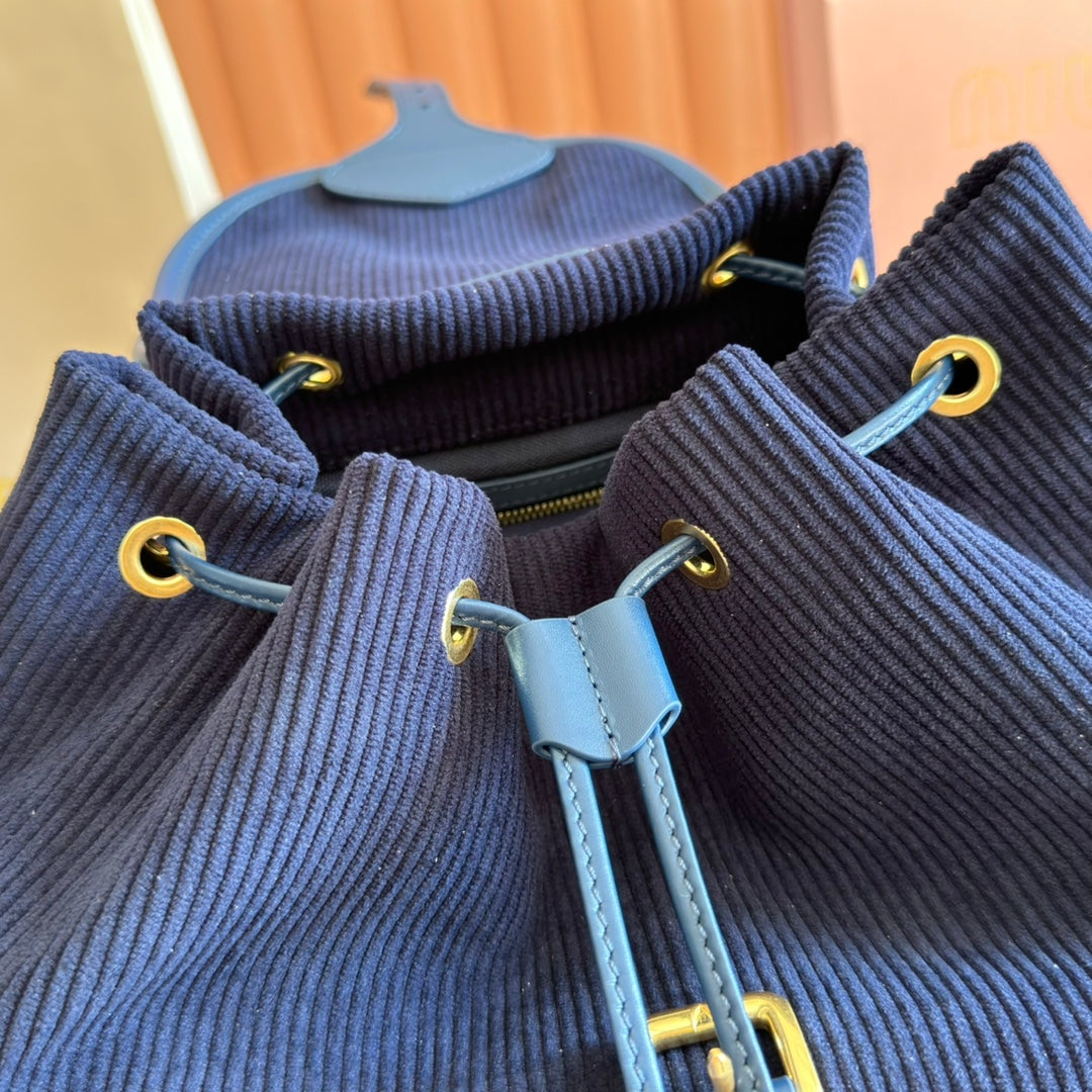 MIU MIU MIUMIU 26S MEDIUM BACKPACK 29 IN DARK BLUE CANVAS BLUE CALFSKIN