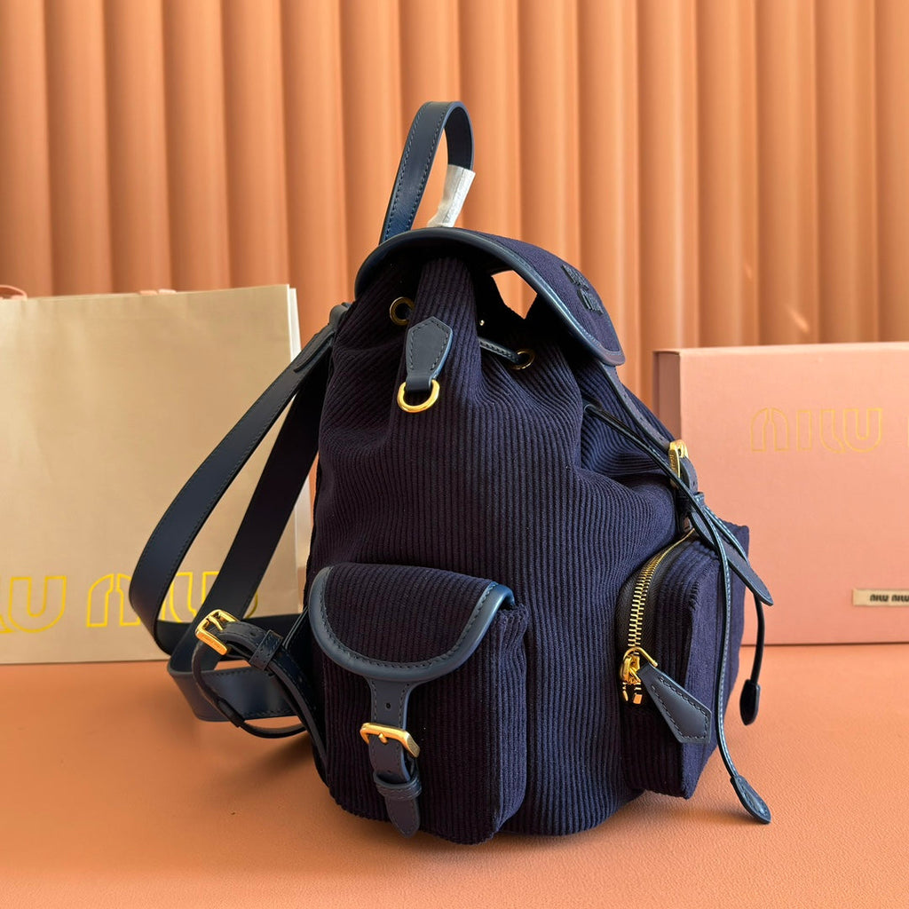 MIU MIU MIUMIU 26S MEDIUM BACKPACK 29 IN DARK BLUE CANVAS BLUE CALFSKIN