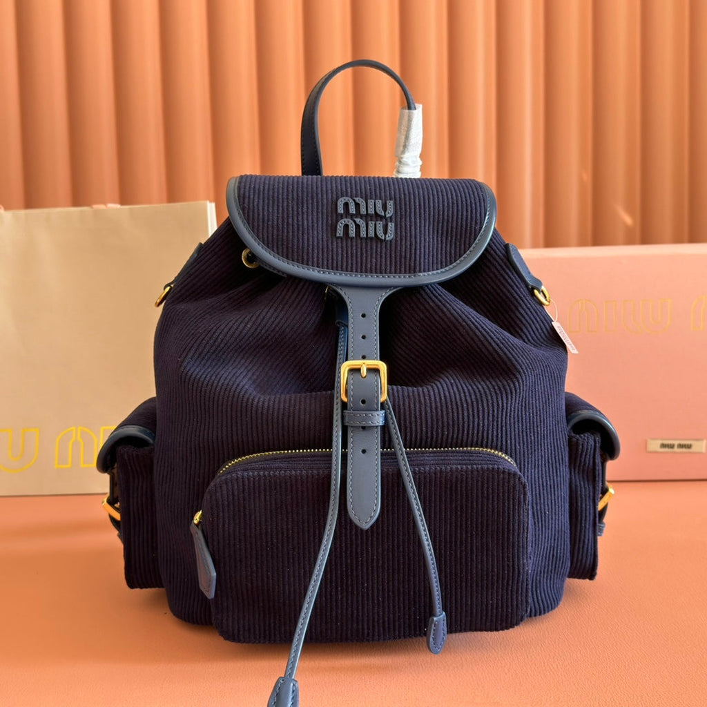 MIU MIU MIUMIU 26S MEDIUM BACKPACK 29 IN DARK BLUE CANVAS BLUE CALFSKIN
