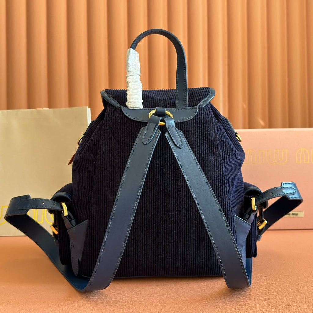 MIU MIU MIUMIU 26S MEDIUM BACKPACK 29 IN DARK BLUE CANVAS BLUE CALFSKIN