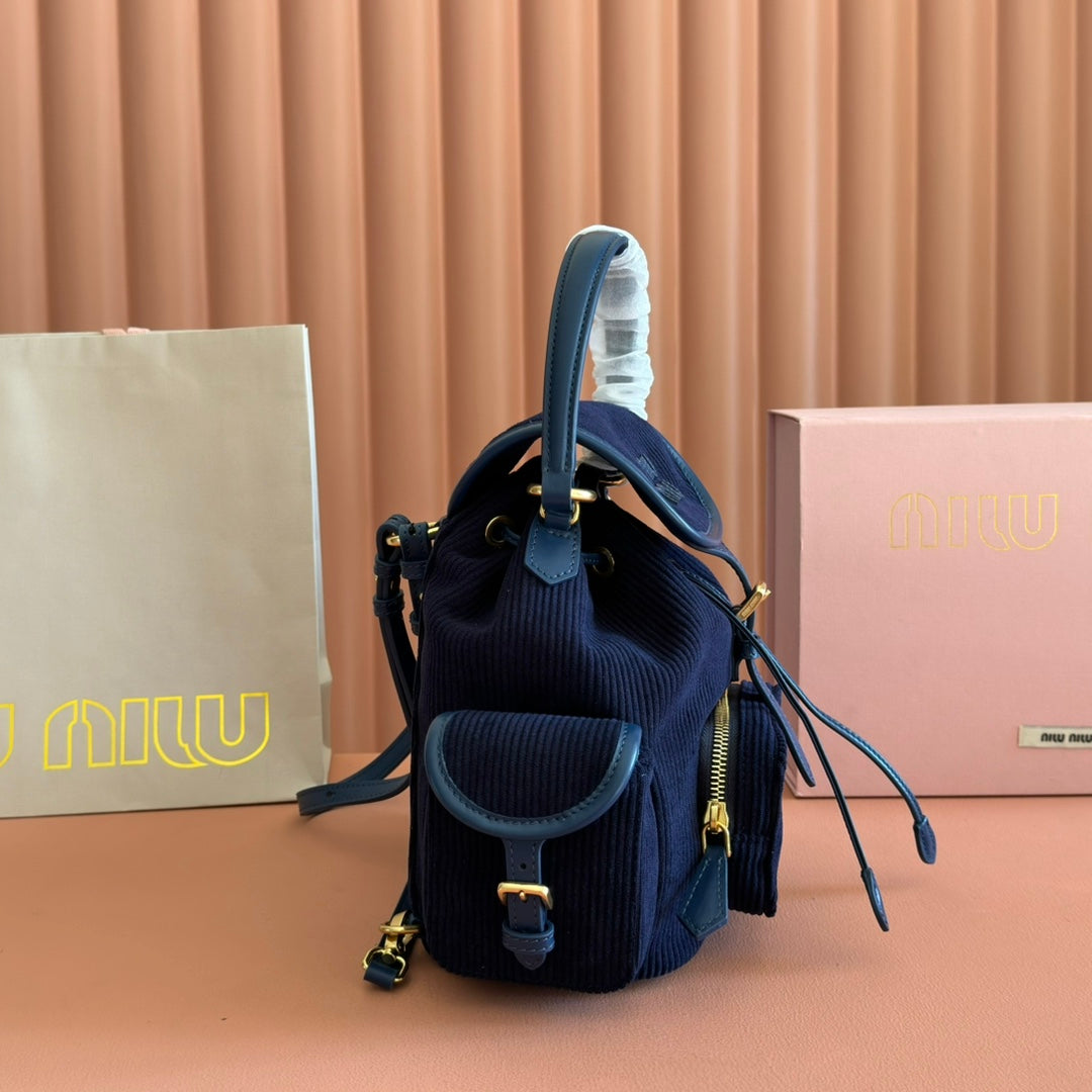 MIU MIU MIUMIU 26S BACKPACK 22 IN DARK BLUE CANVAS BLUE CALFSKIN
