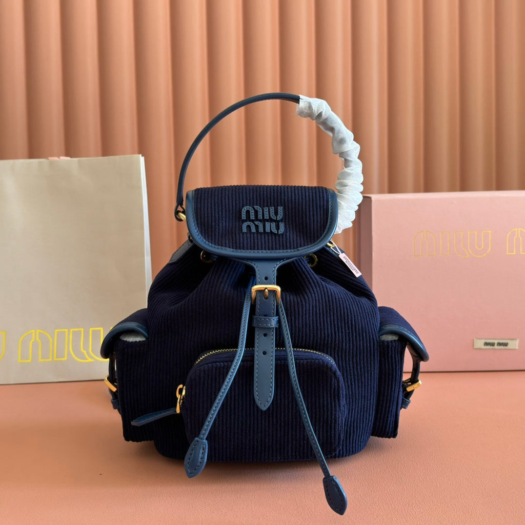 MIU MIU MIUMIU 26S BACKPACK 22 IN DARK BLUE CANVAS BLUE CALFSKIN