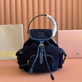 MIU MIU MIUMIU 26S BACKPACK 22 IN DARK BLUE CANVAS BLUE CALFSKIN