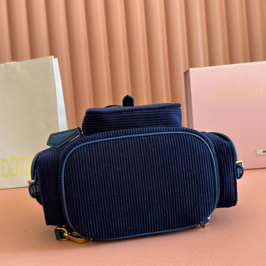 MIU MIU MIUMIU 26S BACKPACK 22 IN DARK BLUE CANVAS BLUE CALFSKIN