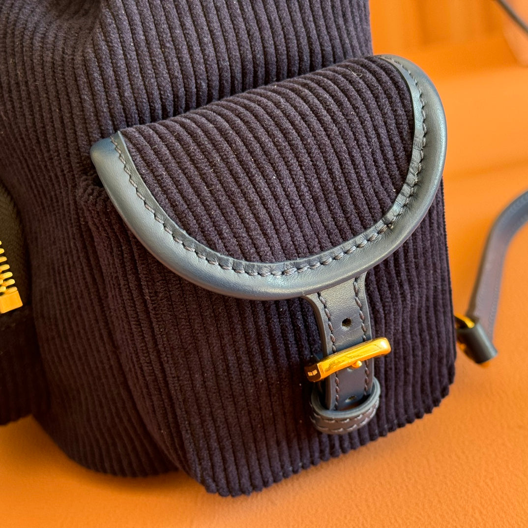 MIU MIU MIUMIU 26S BACKPACK 22 IN DARK BLUE CANVAS BLUE CALFSKIN