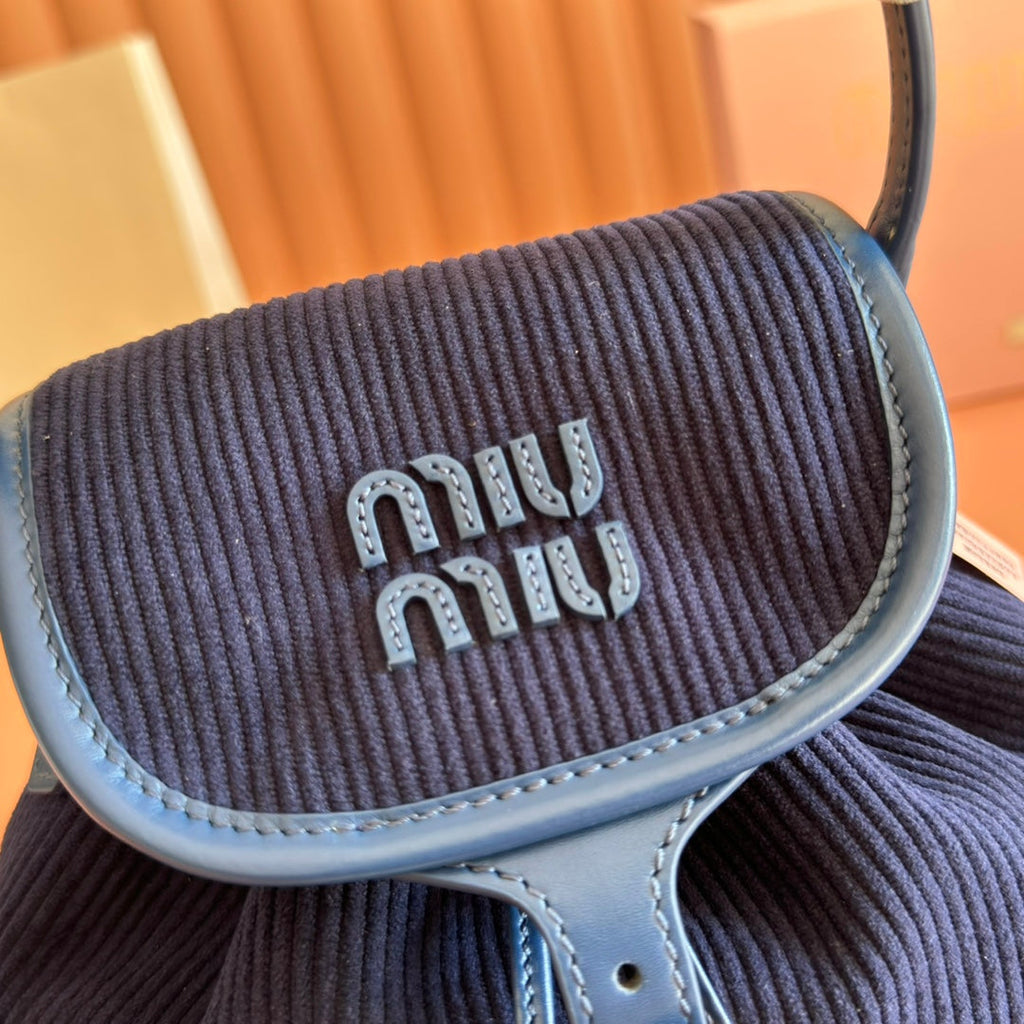 MIU MIU MIUMIU 26S BACKPACK 22 IN DARK BLUE CANVAS BLUE CALFSKIN