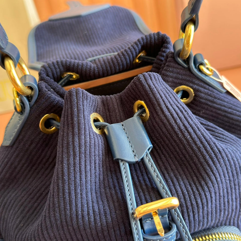 MIU MIU MIUMIU 26S BACKPACK 22 IN DARK BLUE CANVAS BLUE CALFSKIN