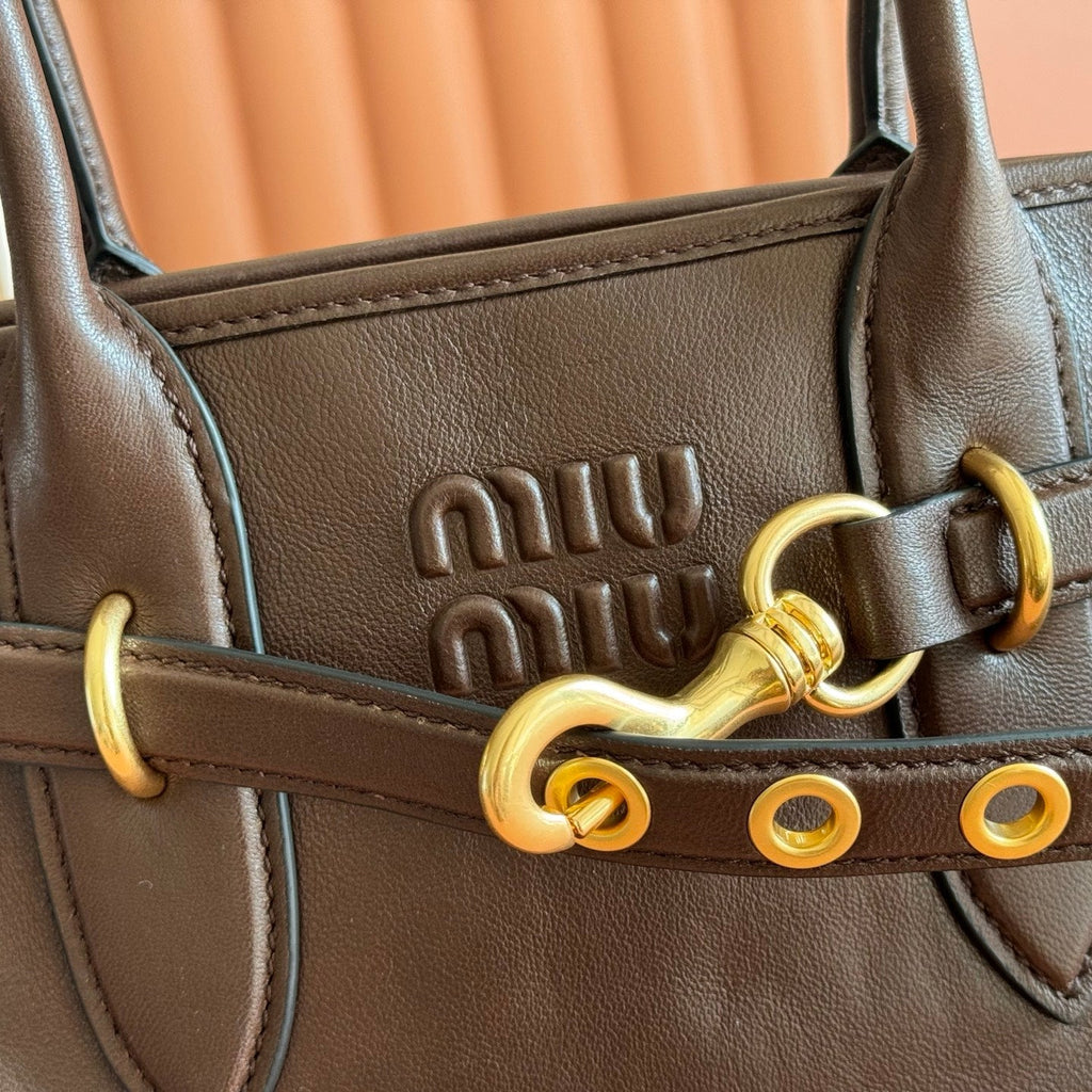 MIU MIU MIUMIU 26S BORSA AVENTURE BAG 30 IN DARK BROWN CALFSKIN GOLD HARDWARE