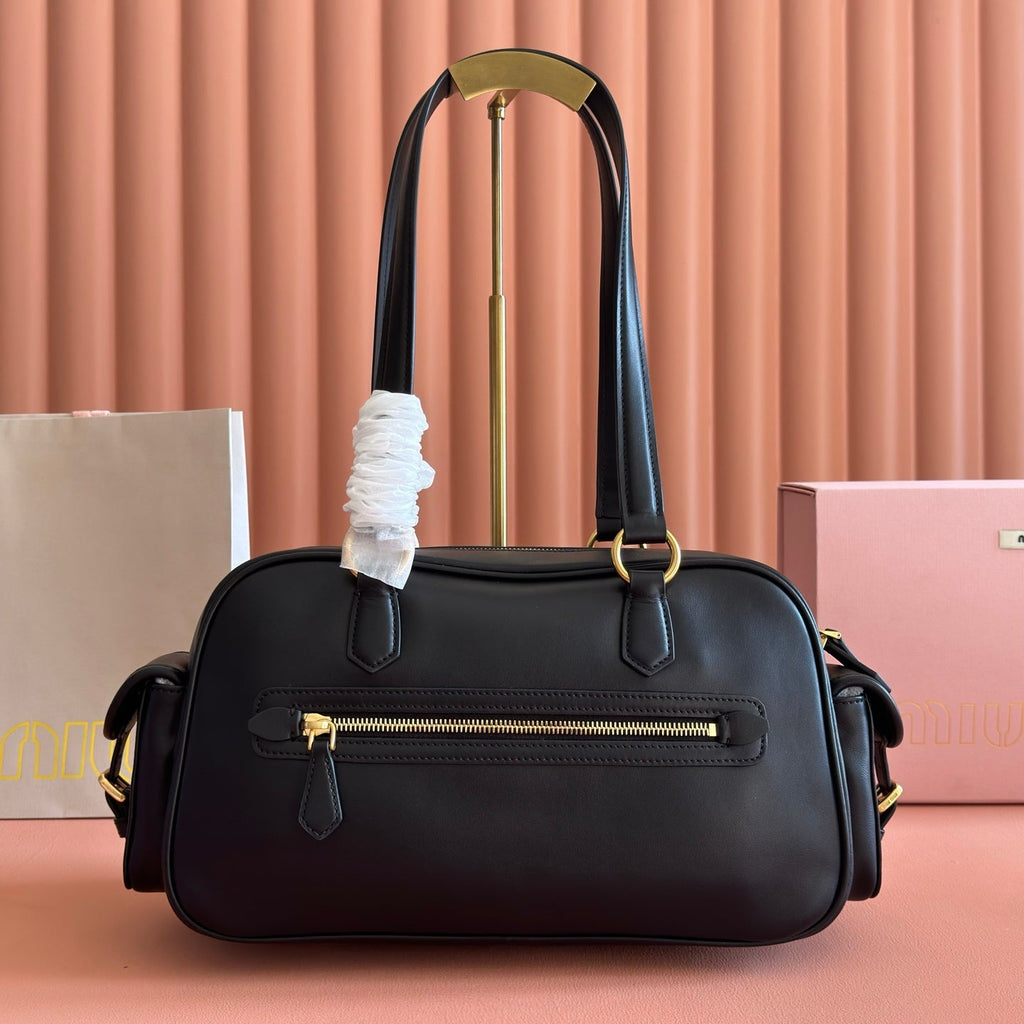 MIU MIU MIUMIU 26S POCKET TOP-HANDLE BAG 32 IN BLACK CALFSKIN GOLD HARDWARE