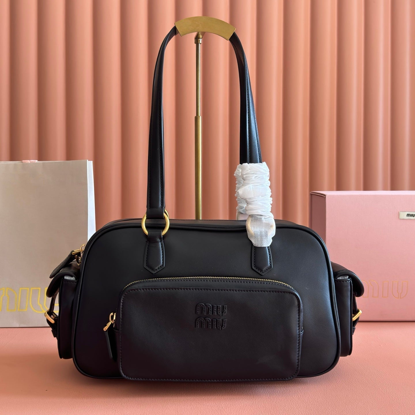 MIU MIU MIUMIU 26S POCKET TOP-HANDLE BAG 32 IN BLACK CALFSKIN GOLD HARDWARE