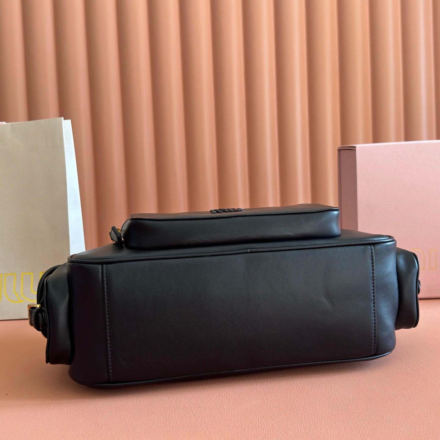MIU MIU MIUMIU 26S POCKET TOP-HANDLE BAG 32 IN BLACK CALFSKIN GOLD HARDWARE