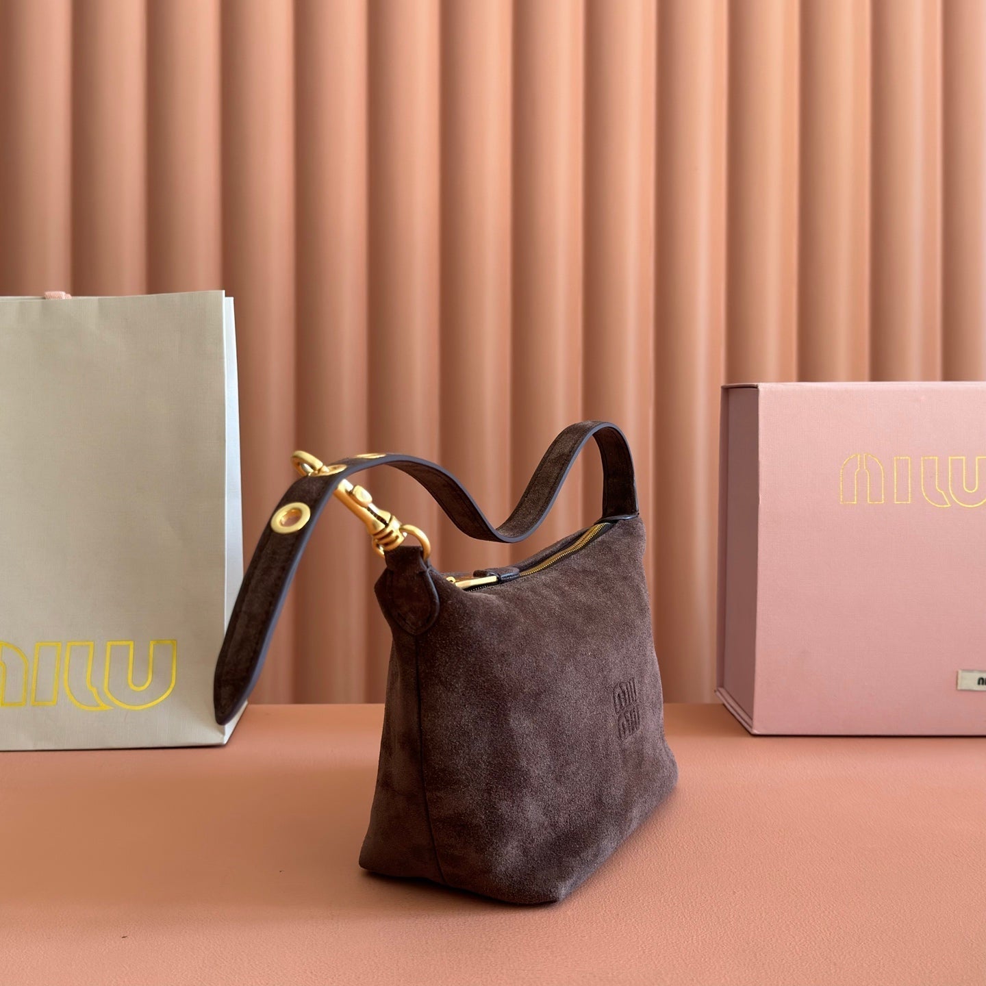 MIU MIU MIUMIU 26S CORDUROY POUCH BAG 25 IN CHOCOLATE BROWN SUEDE GOLD HARDWARE