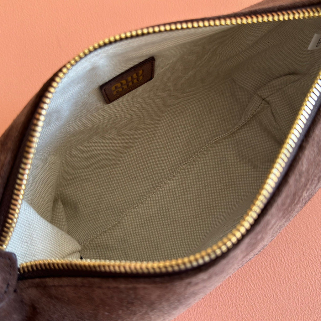 MIU MIU MIUMIU 26S CORDUROY POUCH BAG 25 IN CHOCOLATE BROWN SUEDE GOLD HARDWARE