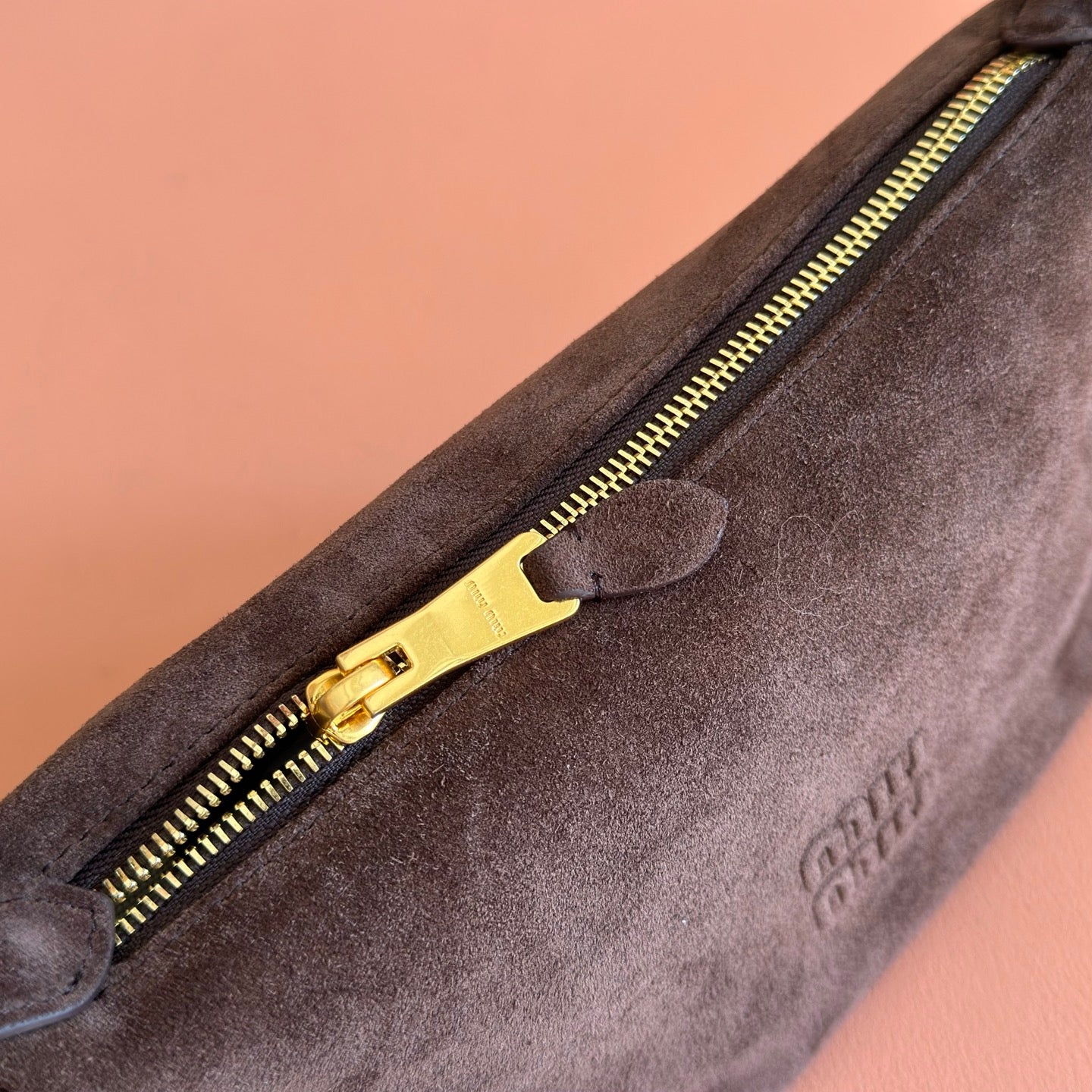 MIU MIU MIUMIU 26S CORDUROY POUCH BAG 25 IN CHOCOLATE BROWN SUEDE GOLD HARDWARE