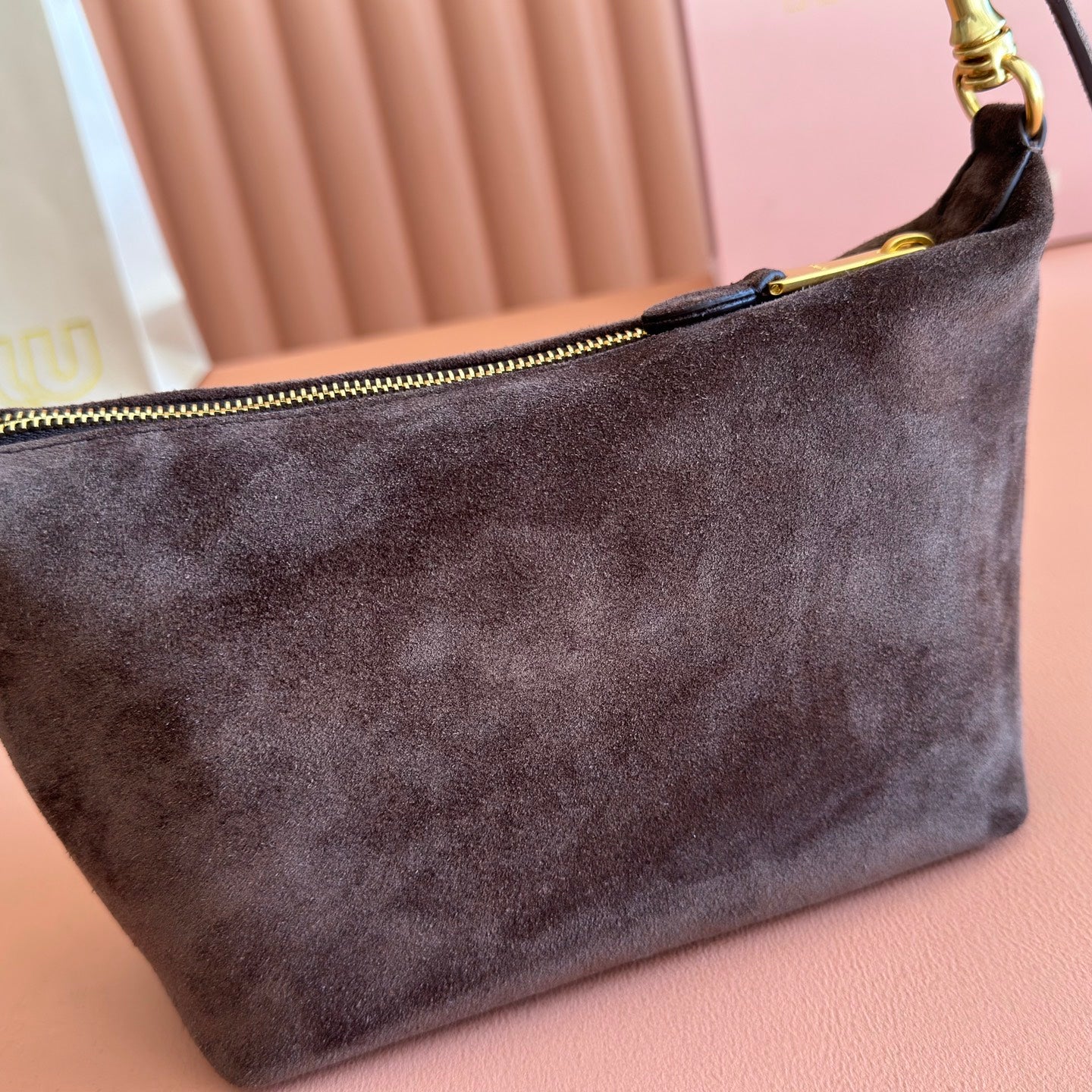 MIU MIU MIUMIU 26S CORDUROY POUCH BAG 25 IN CHOCOLATE BROWN SUEDE GOLD HARDWARE