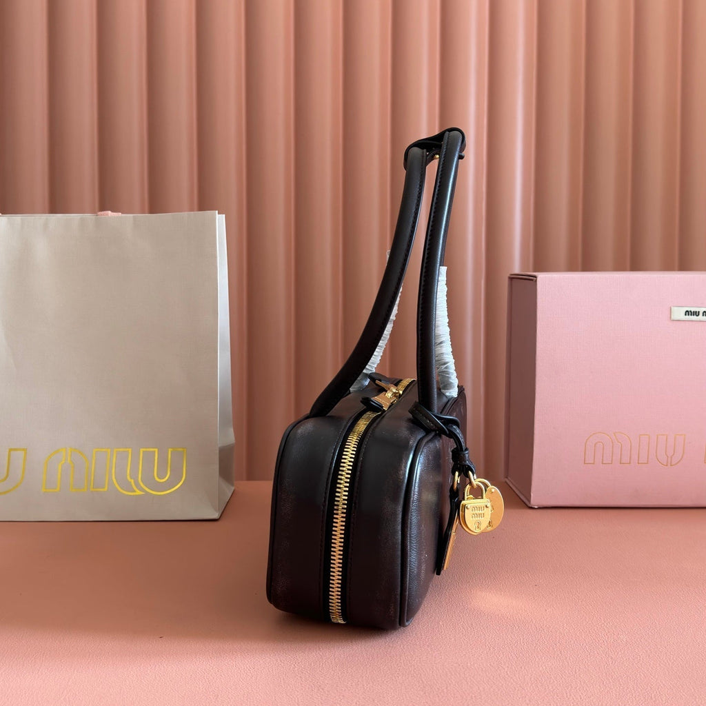MIU MIU MIUMIU 26S BEAU TOP HANDLE BAG 28 IN BLACK CALFSKIN GOLD HARDWARE