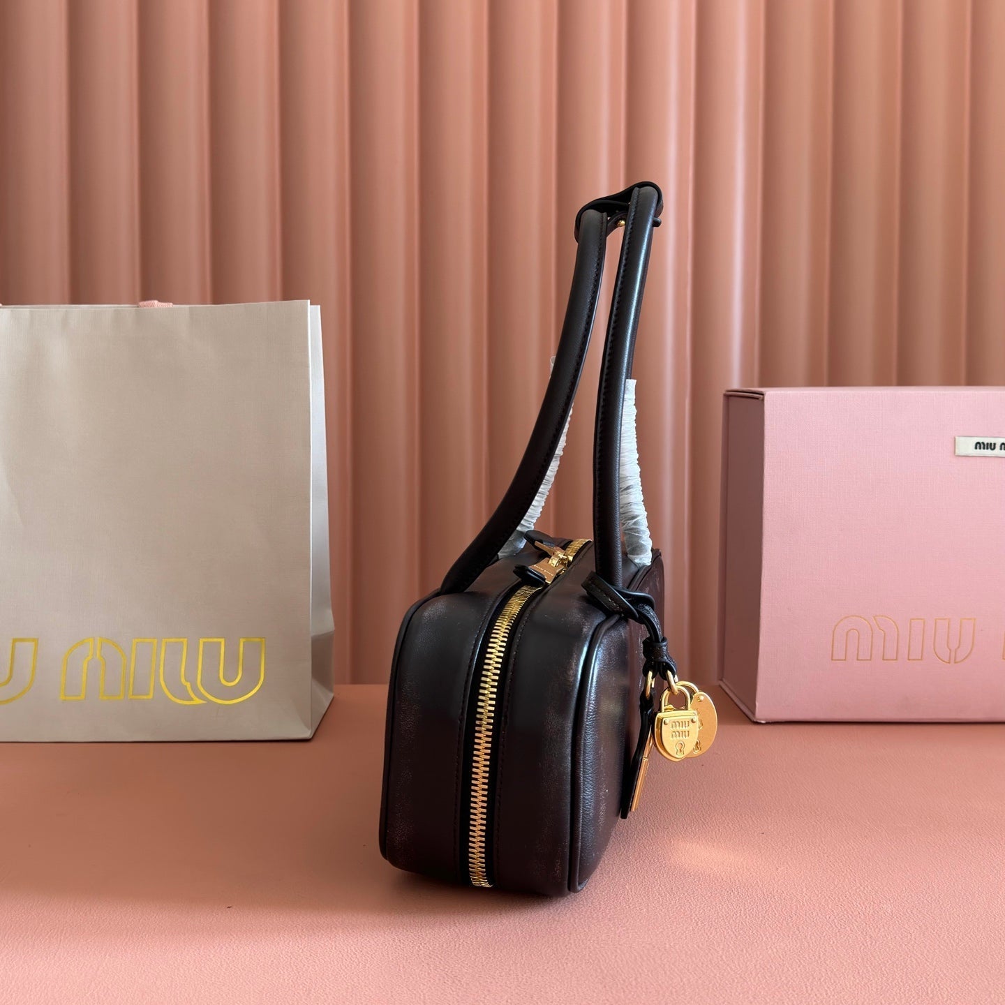 MIU MIU MIUMIU 26S BEAU TOP HANDLE BAG 28 IN BLACK CALFSKIN GOLD HARDWARE