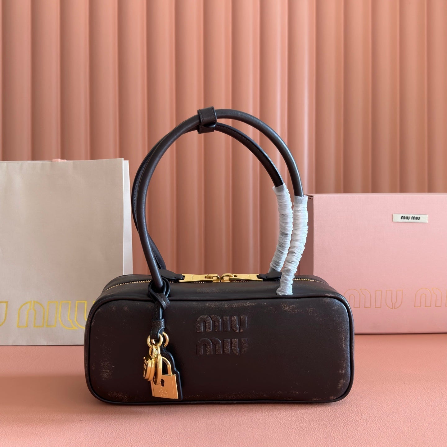 MIU MIU MIUMIU 26S BEAU TOP HANDLE BAG 28 IN BLACK CALFSKIN GOLD HARDWARE