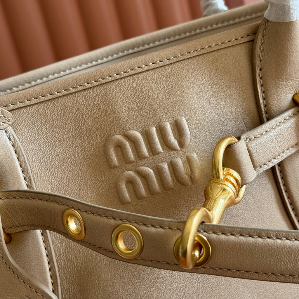 MIU MIU MIUMIU 26S BORSA AVENTURE BAG 44 IN DARK BEIGE LAMBSKIN GOLD HARDWARE
