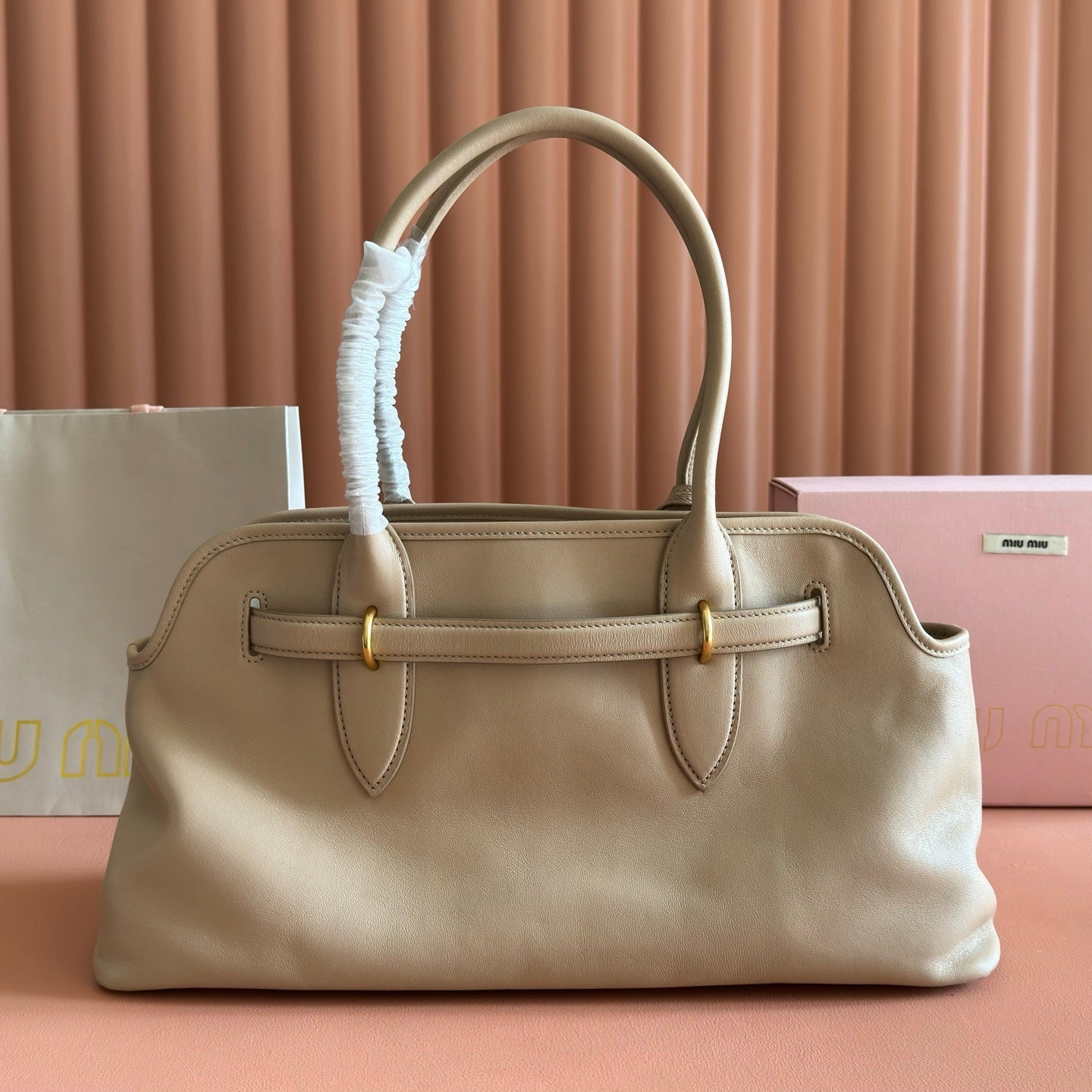 MIU MIU MIUMIU 26S BORSA AVENTURE BAG 44 IN DARK BEIGE LAMBSKIN GOLD HARDWARE
