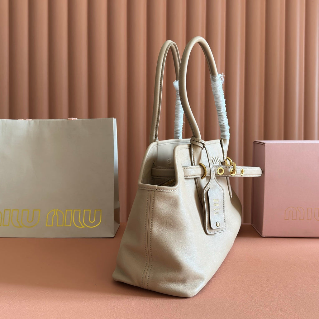 MIU MIU MIUMIU 26S BORSA AVENTURE BAG 44 IN DARK BEIGE LAMBSKIN GOLD HARDWARE