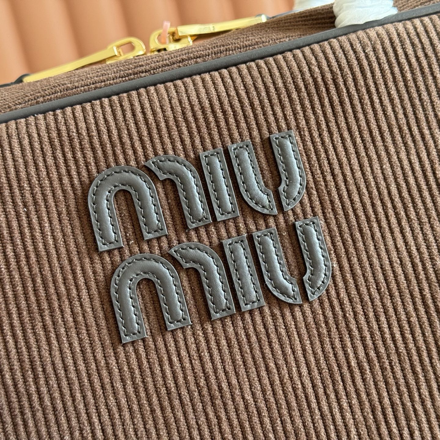 MIU MIU MIUMIU 26S BEAU BAG 34 IN CHOCOLATE BROWN CANVAS AND BLACK CALFSKIN