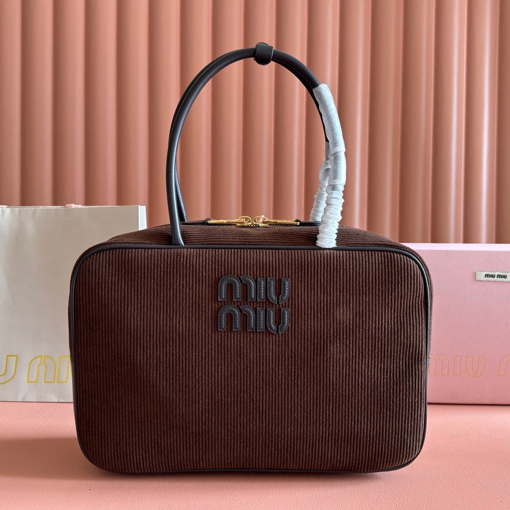 MIU MIU MIUMIU 26S BEAU BAG 34 IN CHOCOLATE BROWN CANVAS AND BLACK CALFSKIN