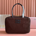 MIU MIU MIUMIU 26S BEAU BAG 34 IN CHOCOLATE BROWN CANVAS AND BLACK CALFSKIN