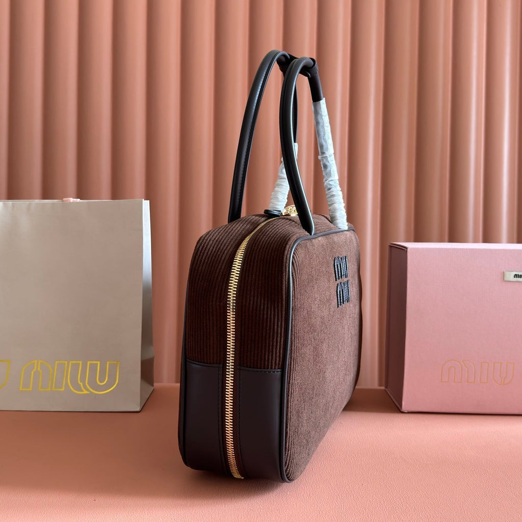 MIU MIU MIUMIU 26S BEAU BAG 34 IN CHOCOLATE BROWN CANVAS AND BLACK CALFSKIN