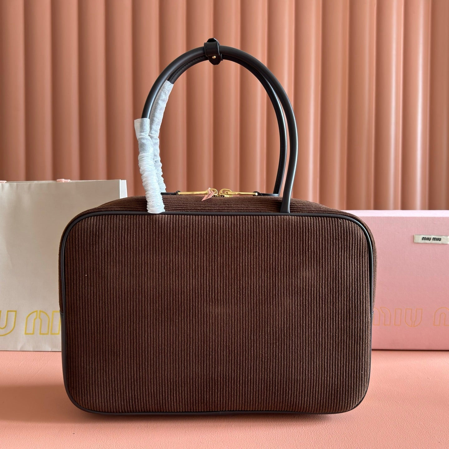 MIU MIU MIUMIU 26S BEAU BAG 34 IN CHOCOLATE BROWN CANVAS AND BLACK CALFSKIN