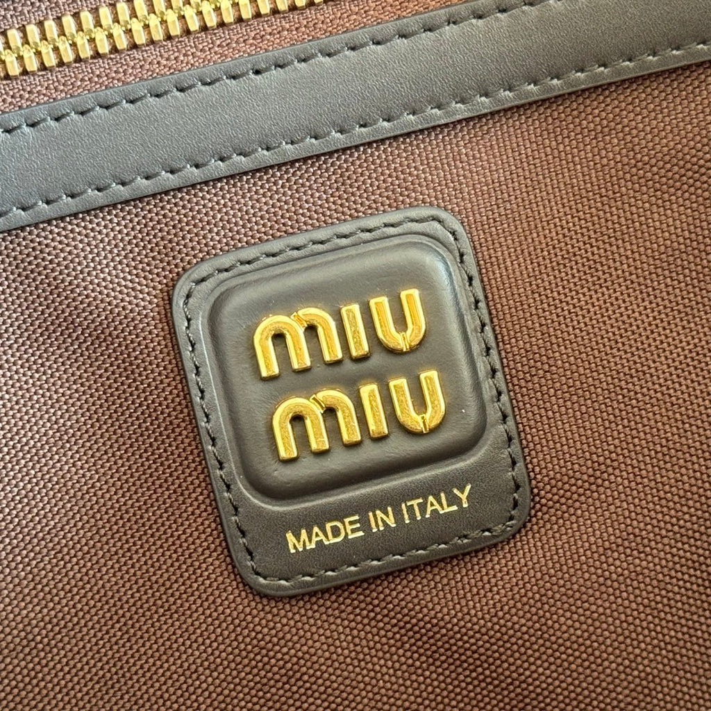 MIU MIU MIUMIU 26S BEAU BAG 34 IN CHOCOLATE BROWN CANVAS AND BLACK CALFSKIN