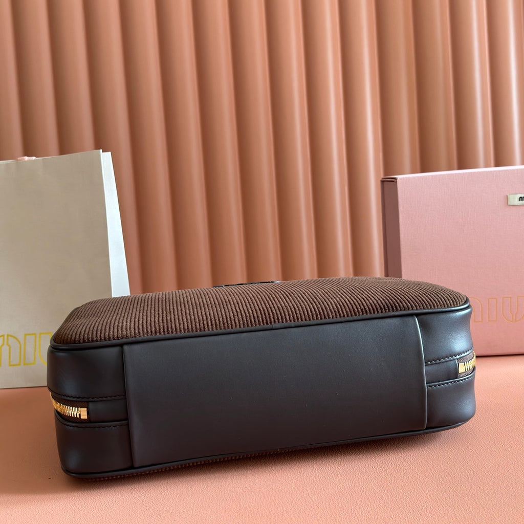 MIU MIU MIUMIU 26S BEAU BAG 34 IN CHOCOLATE BROWN CANVAS AND BLACK CALFSKIN