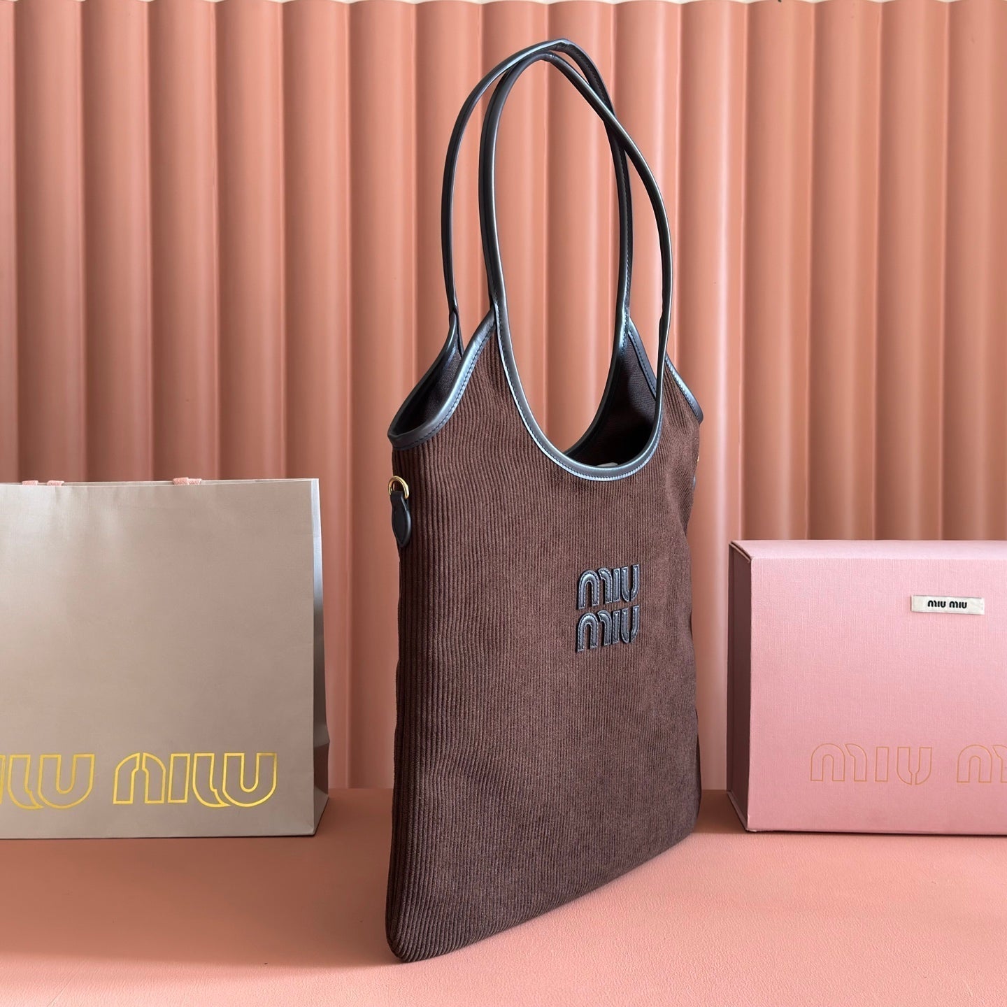 MIU MIU MIUMIU 26S IVY 40 TOTE IN IN CHOCOLATE BROWN CANVAS AND BLACK CALFSKIN