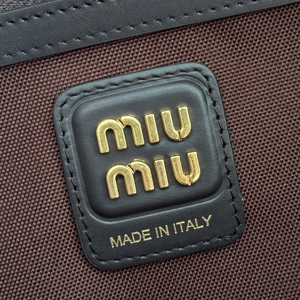 MIU MIU MIUMIU 26S IVY 40 TOTE IN IN CHOCOLATE BROWN CANVAS AND BLACK CALFSKIN