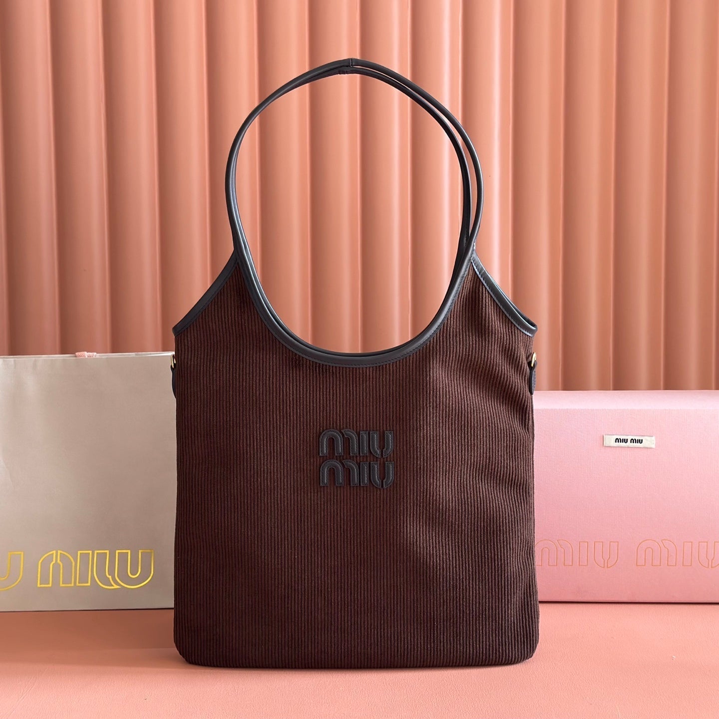 MIU MIU MIUMIU 26S IVY 40 TOTE IN IN CHOCOLATE BROWN CANVAS AND BLACK CALFSKIN