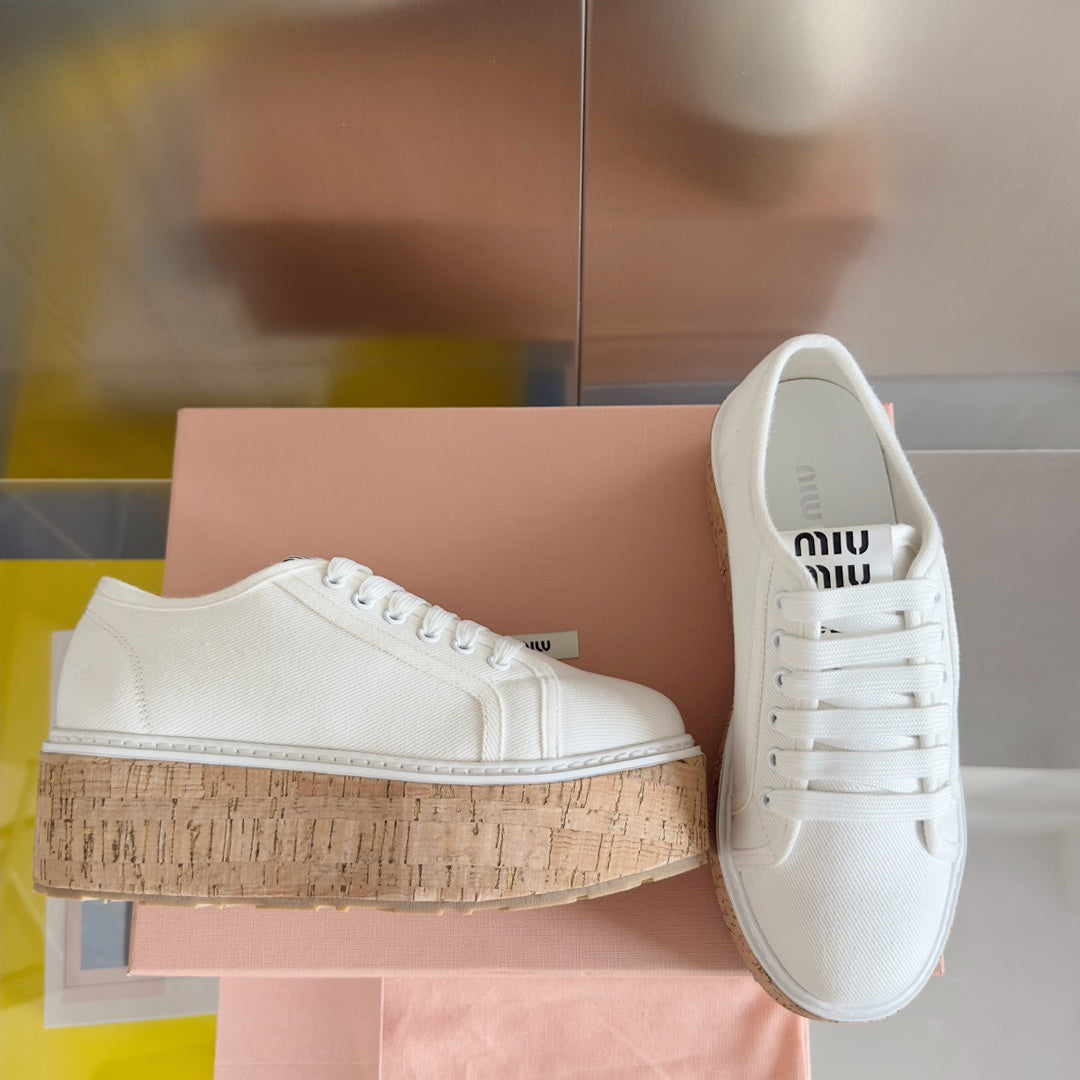 Lace - up Platform Shoes White Canvas