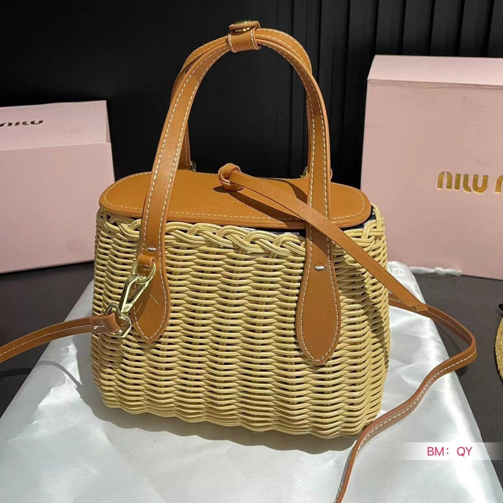MIU MIU BASKET BAG 18 IN BEIGE/TAN WICKER AND LEATHER