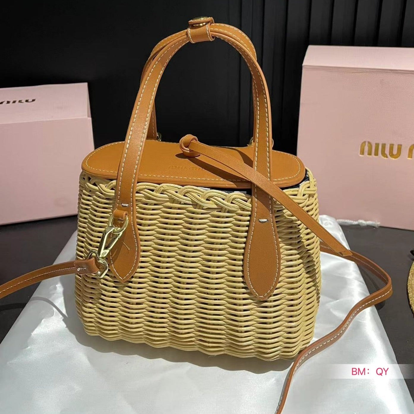 MIU MIU BASKET BAG 18 IN BEIGE/TAN WICKER AND LEATHER