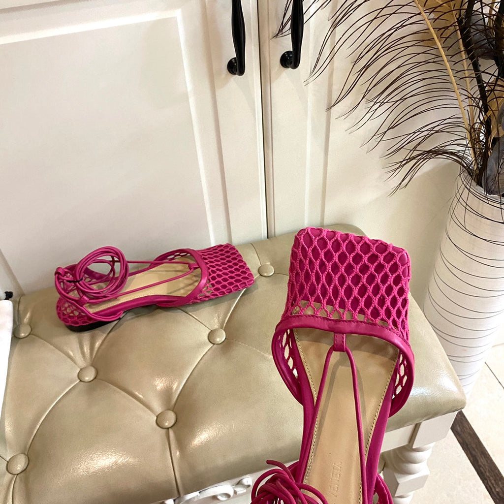 BOTTEGA VENETA STRETCH LACE-UP FLAT SANDAL IN BRIGHT PINK METALLIZED MESH AND LEATHER