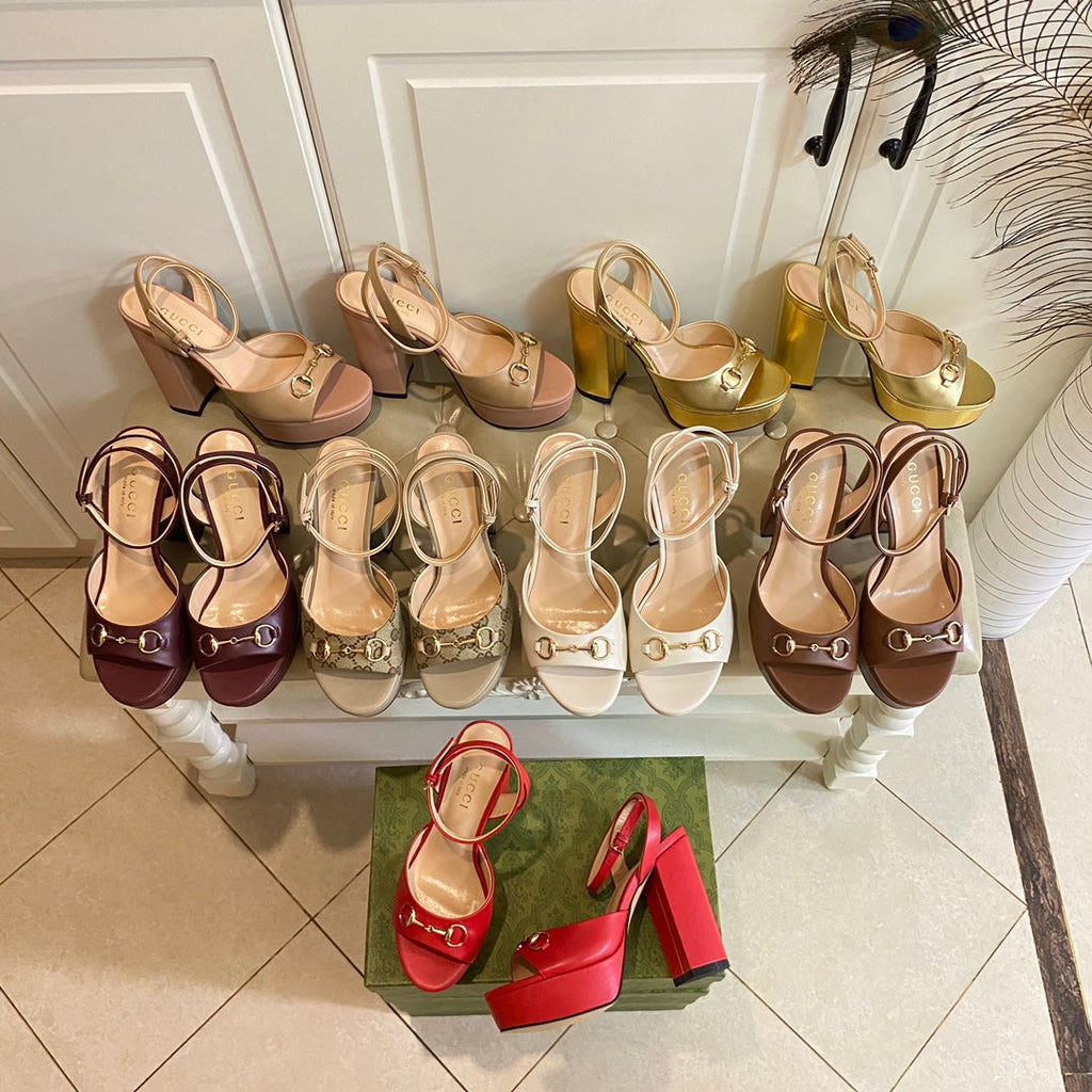 GUCCI HORSEBIT PLATFORM SANDAL IN PENNY BROWN SHEEPSKIN